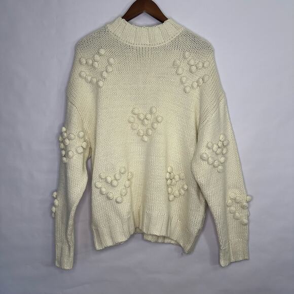 NWOT Forever 21 Size Large White Knit Sweater with Pom Pom Hearts - Picture 1 of 10